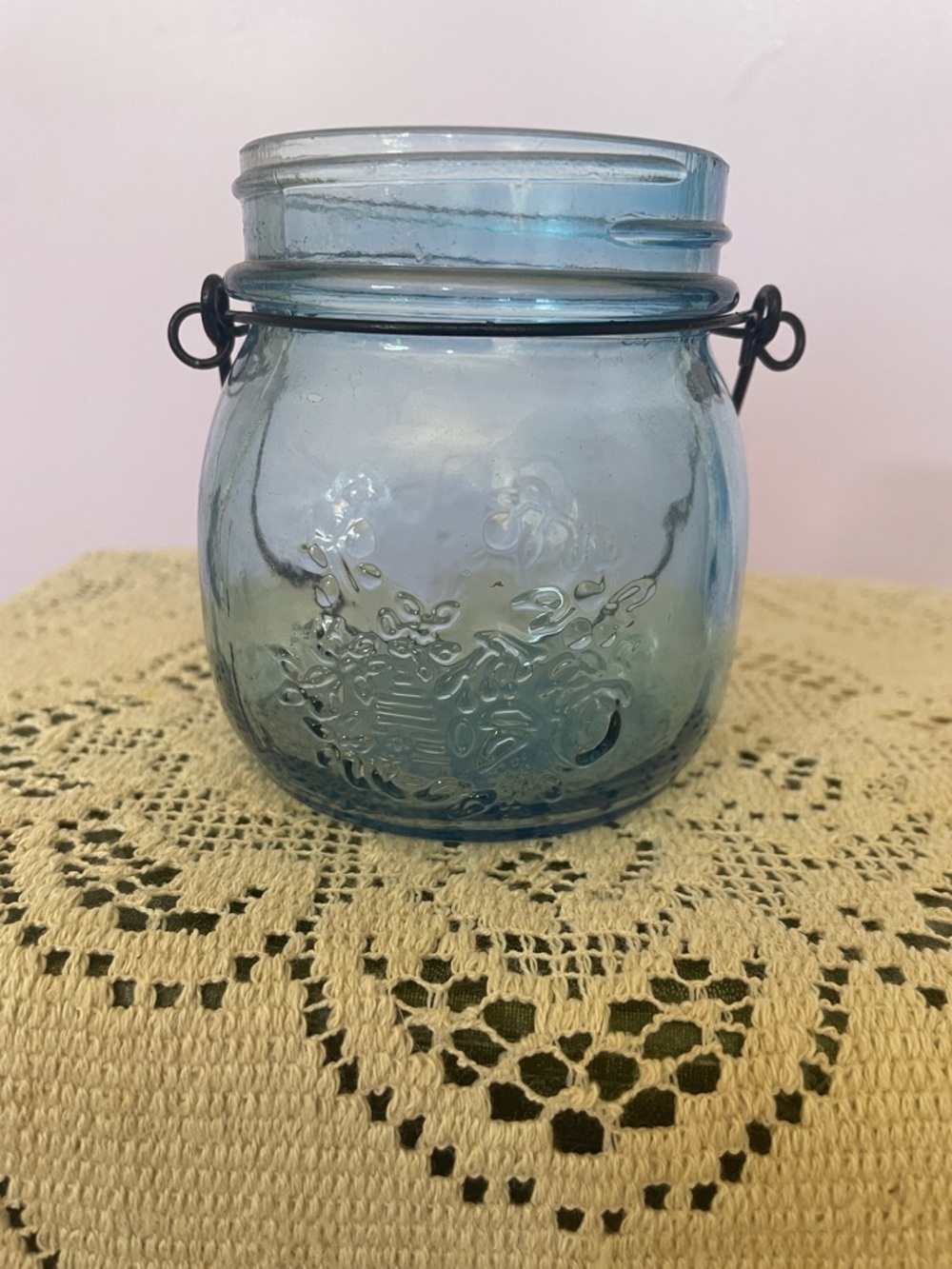 Blue Embossed Glass Jar with Wire Handle - Home Accents
